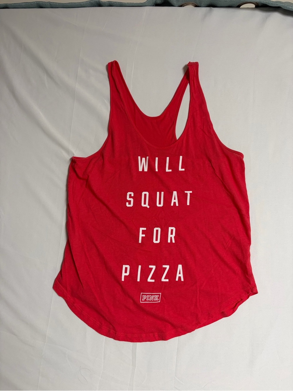PINK Victoria's Secret Red Graphic Racerback Tank - 'Will Squat For Pizza'